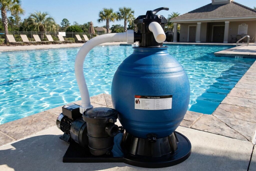 Filteranlage mit Poolpumpe neben einem GFK Pool