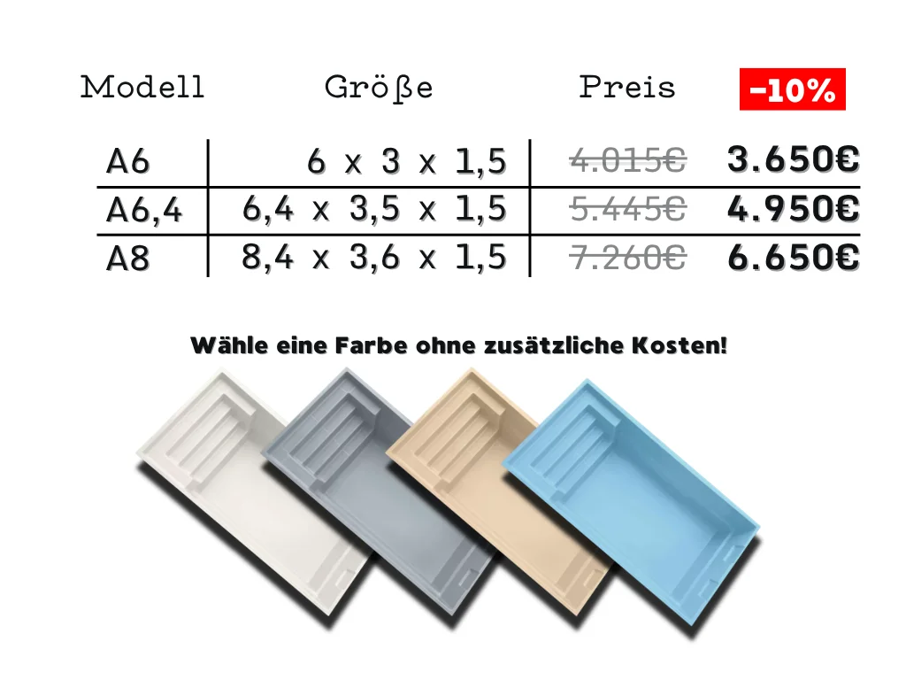 GFK-Pool Modell Aurora mit Preisen, Größen und Farbauswahl