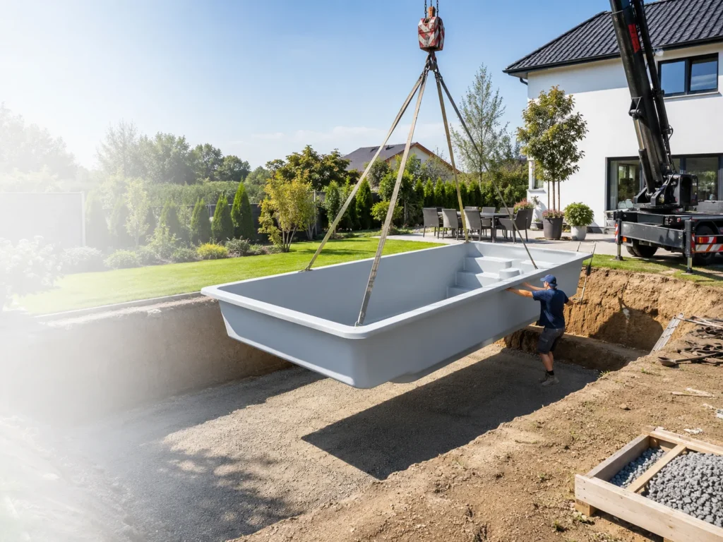GFK Pool wird mit einem Kran in die vorbereitete Baugrube eingesetzt