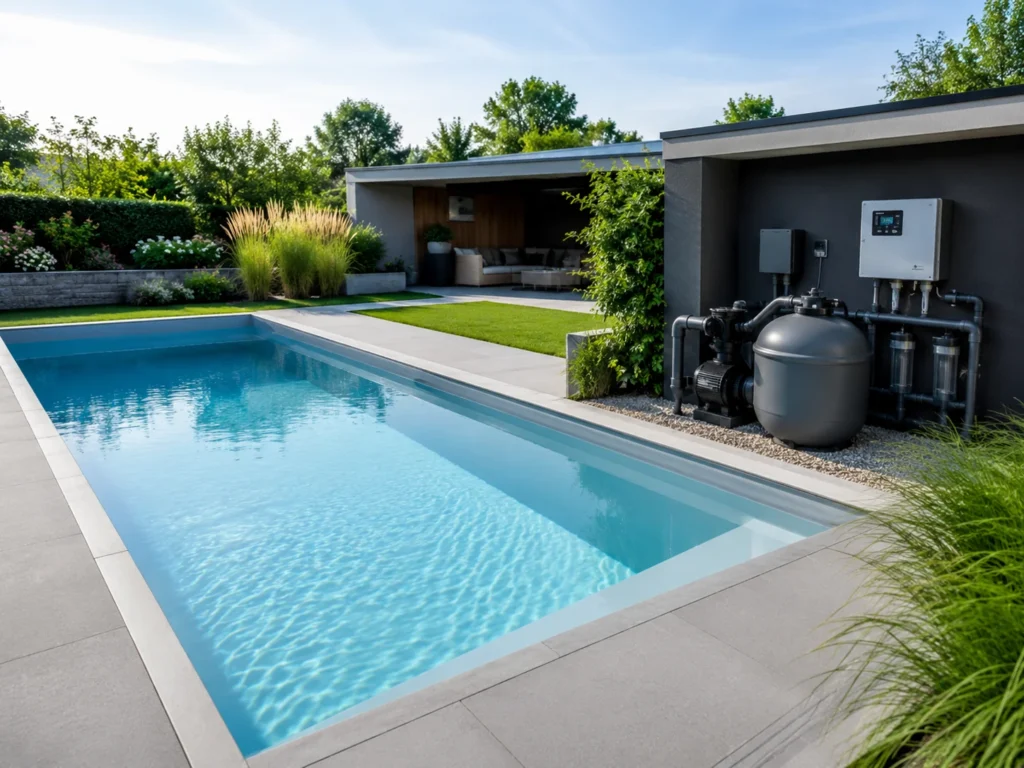GFK Pool mit Filteranlage und moderner Pooltechnik im Garten