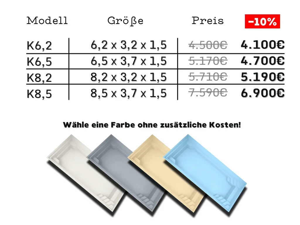 GFK-Pool Modell Kuba mit Preisen, Größen und Farbauswahl