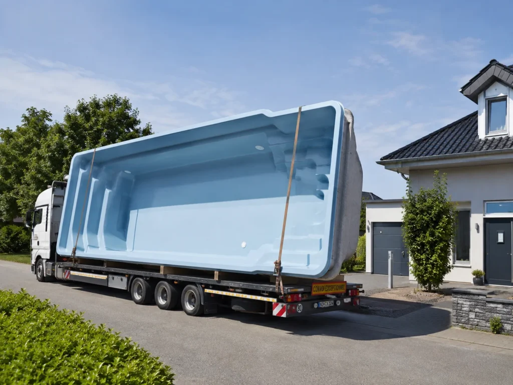 GFK Pool wird auf einem LKW zur Lieferung nach Deutschland transportiert