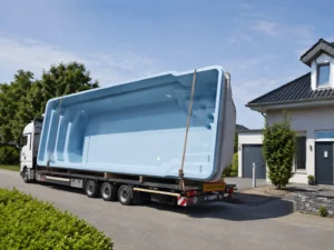 GFK Pool wird auf einem LKW zur Lieferung nach Deutschland transportiert