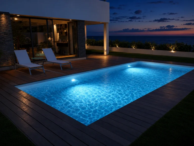 GFK Pool mit Beleuchtung und zwei LED-Lampen im Garten bei Nacht