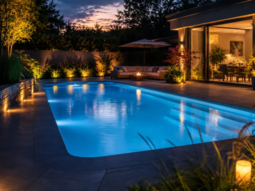 Beleuchteter GFK Pool mit LED Licht am Abend im Garten