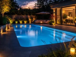 Beleuchteter GFK Pool mit LED Licht am Abend im Garten