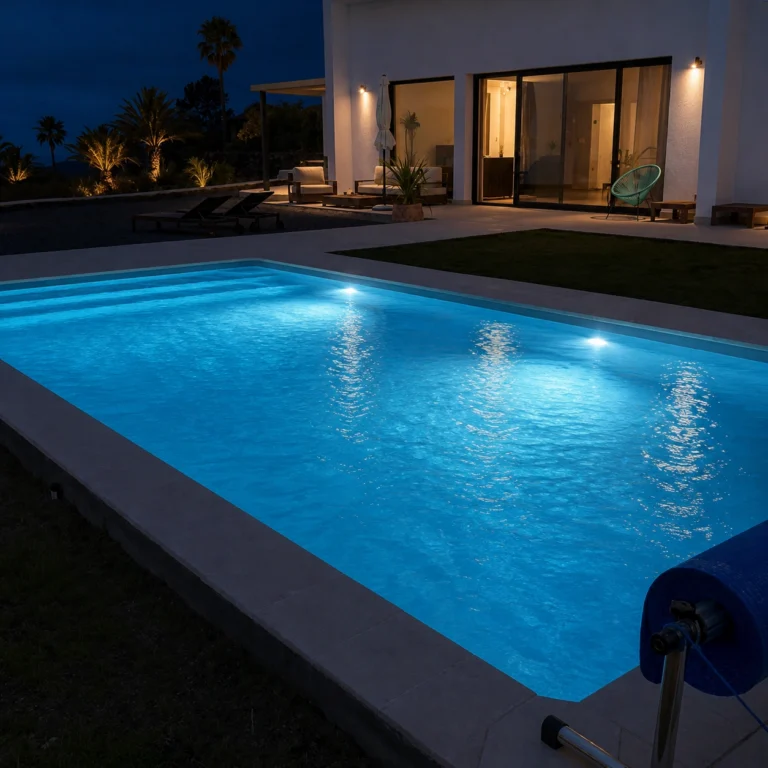 GFK Pool mit Beleuchtung bei Nacht vor moderner Terrasse