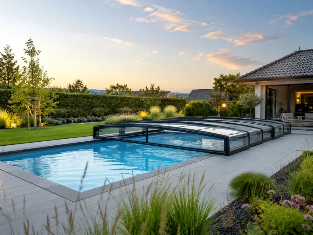 GFK Pool mit niedriger Poolüberdachung im modernen Garten