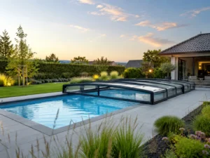 GFK Pool mit niedriger Poolüberdachung im modernen Garten