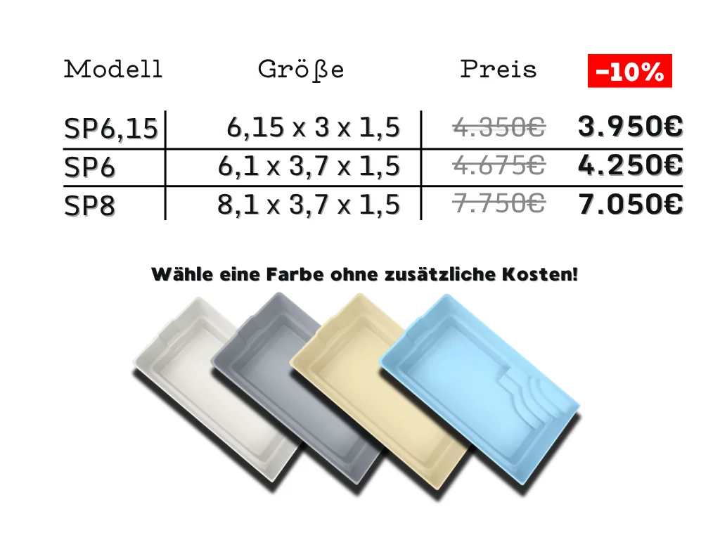 GFK-Pool Modell Spain mit Preisen, Größen und Farbauswahl
