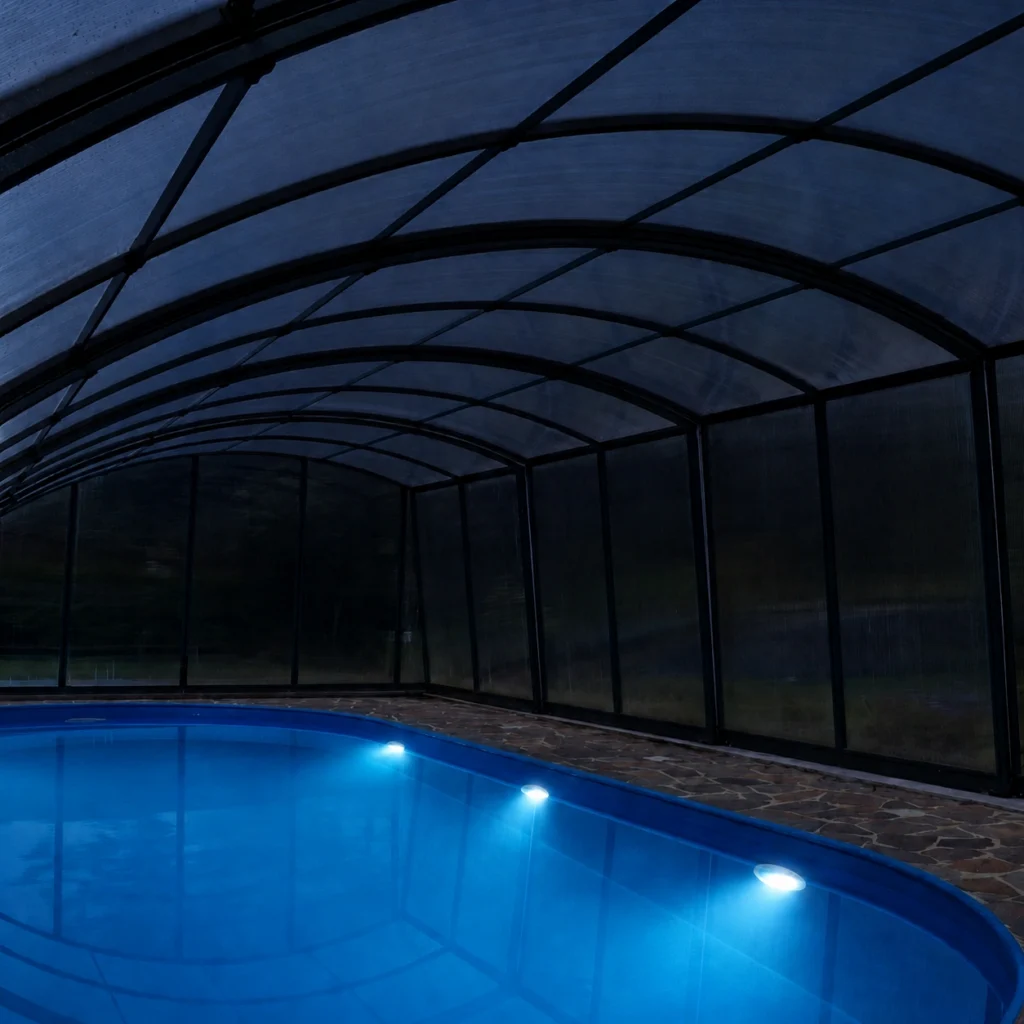 Beleuchteter GFK Pool unter einer Poolüberdachung am Abend