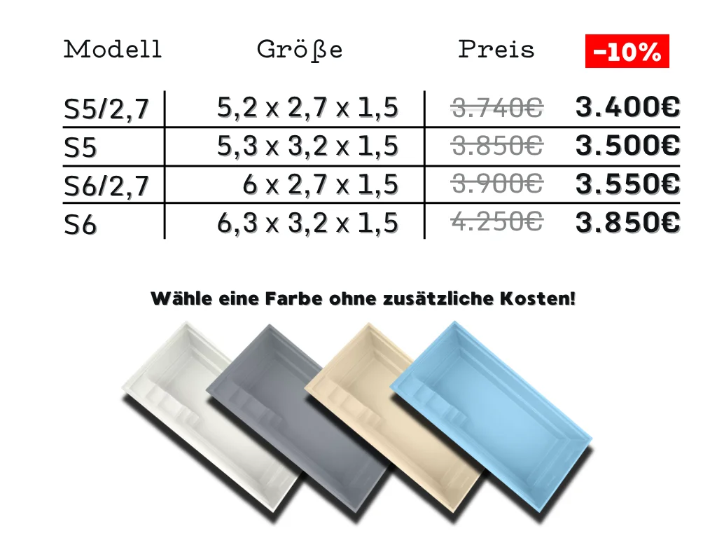 GFK-Pool Modell Sunrise mit Preisen, Größen und Farbauswahl