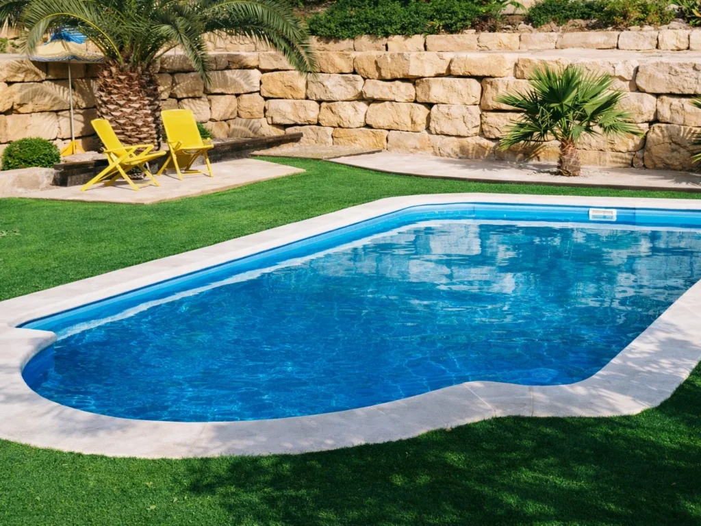 Ovaler GFK-Pool im Garten mit Terrasse und Grünfläche